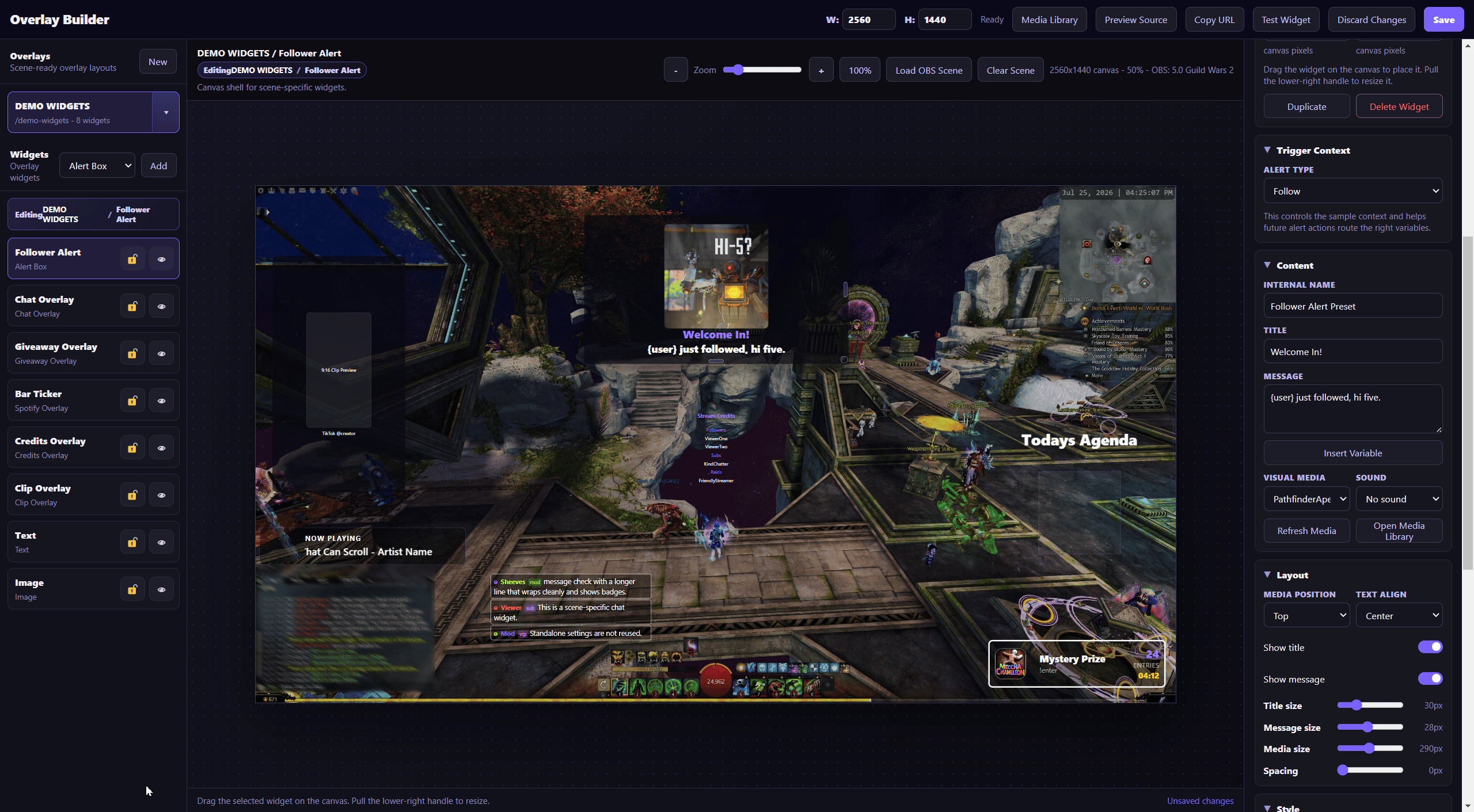 Designing and arranging stream widgets in the SheevChat Overlay Builder